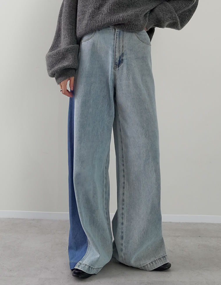 コットンデニムパネルワイドパンツ