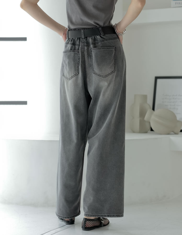 冷感デニムツータックワイドストレートパンツ