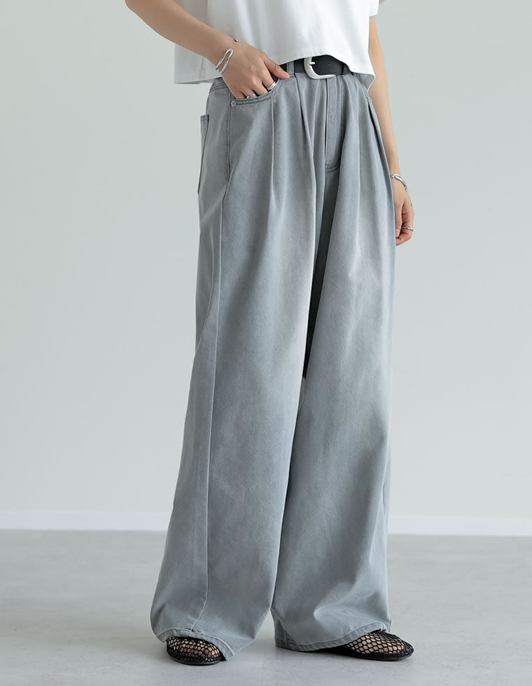 冷感デニムツータックワイドストレートパンツ
