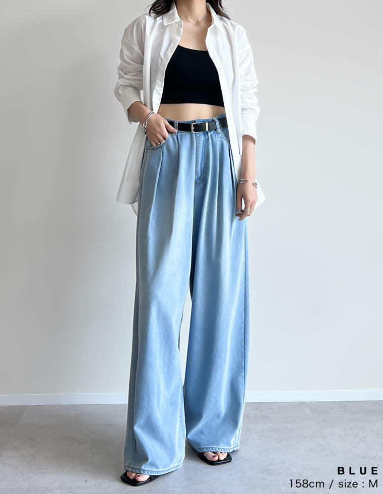 冷感デニムツータックワイドストレートパンツ