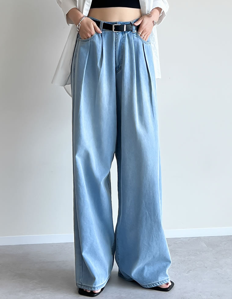 冷感デニムツータックワイドストレートパンツ