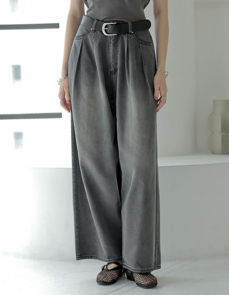冷感デニムツータックワイドストレートパンツ