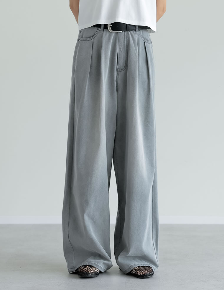 冷感デニムツータックワイドストレートパンツ