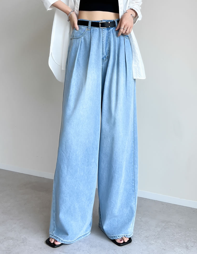 冷感デニムツータックワイドストレートパンツ