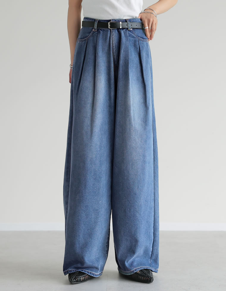 冷感デニムツータックワイドストレートパンツ