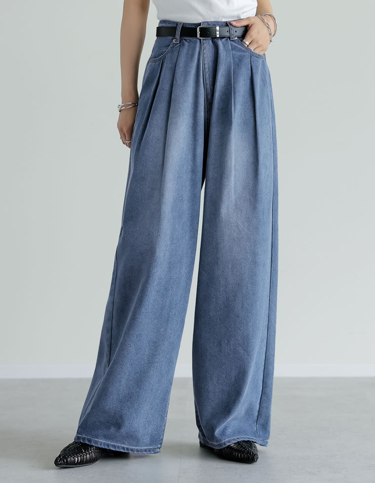 冷感デニムツータックワイドストレートパンツ