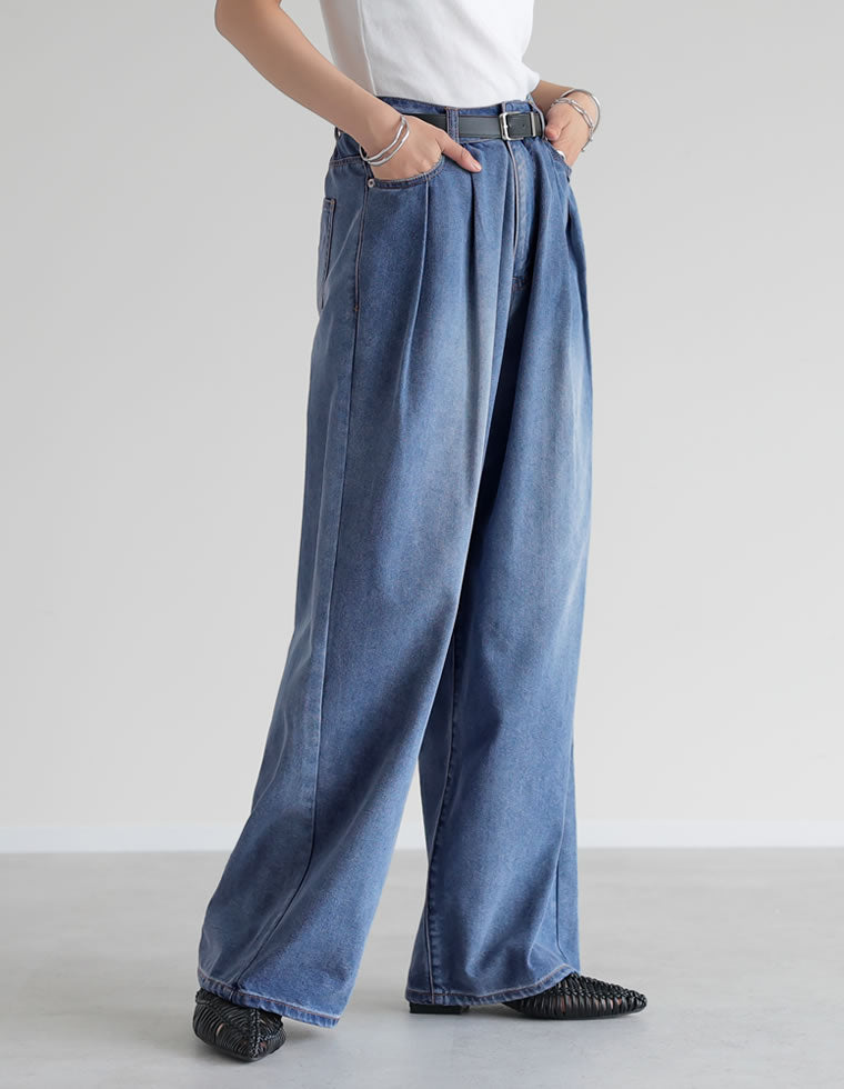 冷感デニムツータックワイドストレートパンツ