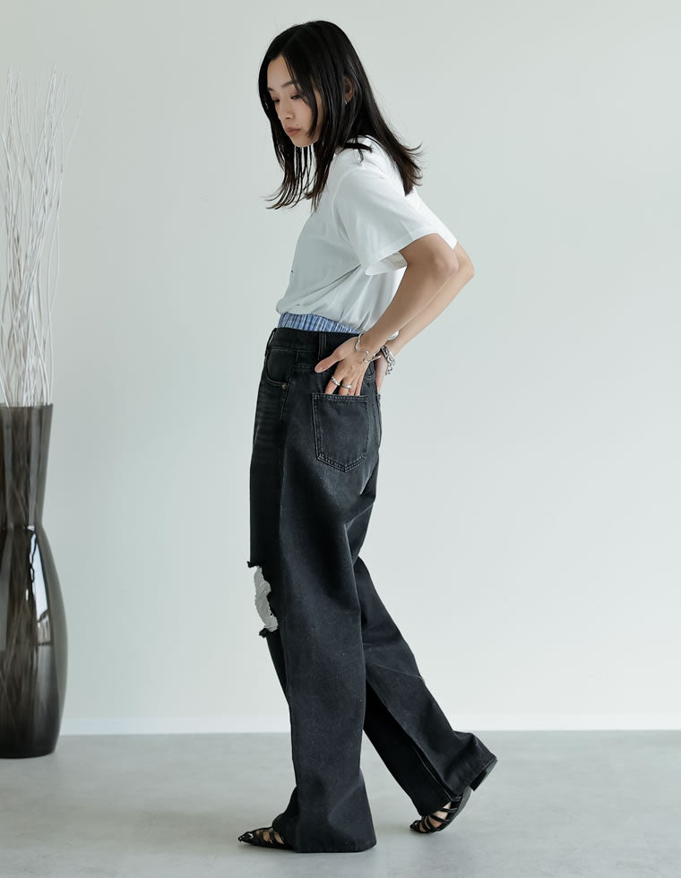 ダメージデニムワイドストレートパンツ