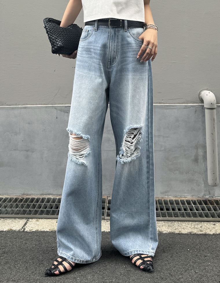 ダメージデニムワイドストレートパンツ