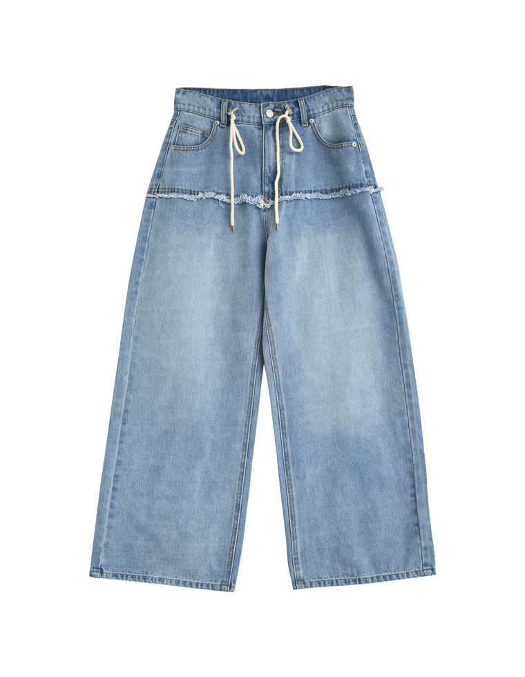 コットンデニムロープベルト付きワイドバレルレッグカーブパンツ