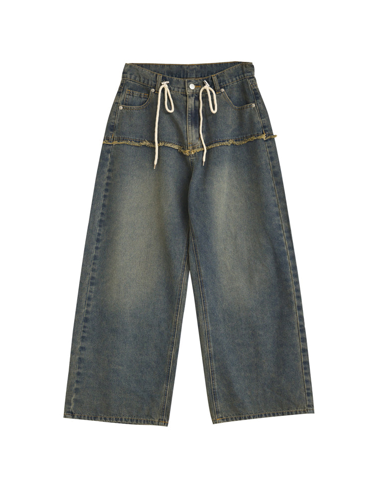 コットンデニムロープベルト付きワイドバレルレッグカーブパンツ