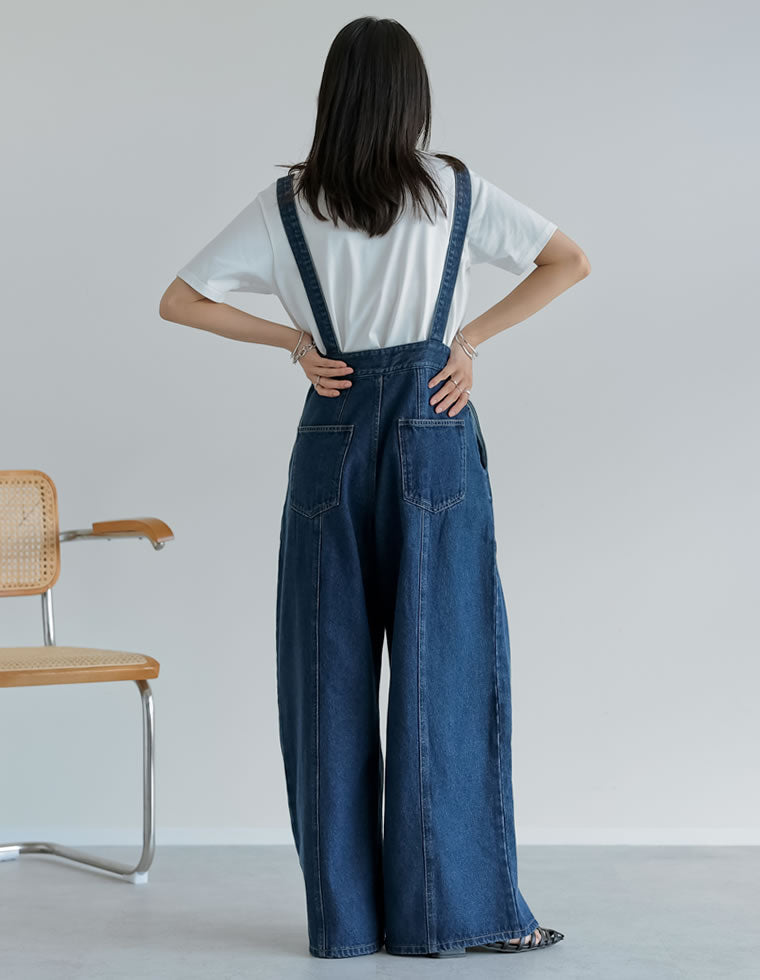 サスペンダー付きツータックワイドデニムパンツ