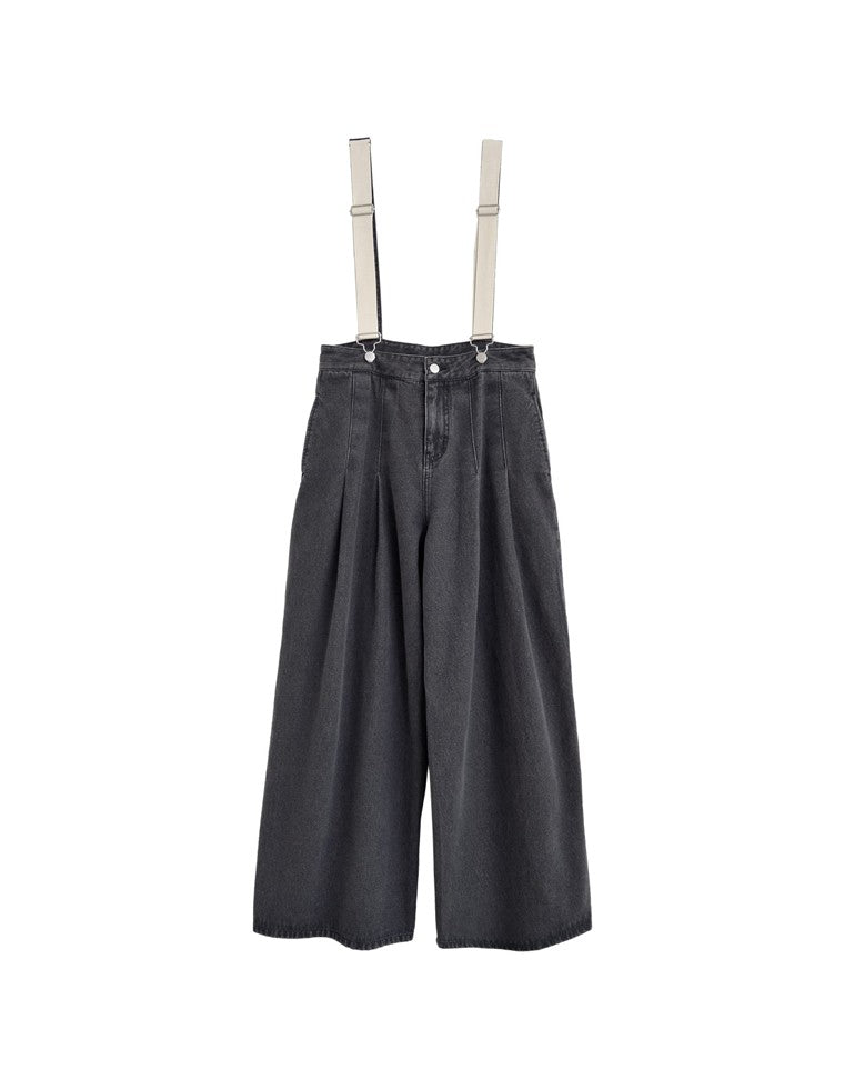 サスペンダー付きツータックワイドデニムパンツ