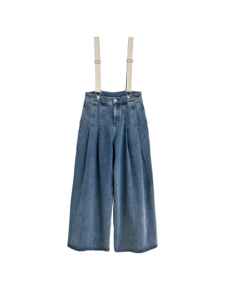 サスペンダー付きツータックワイドデニムパンツ
