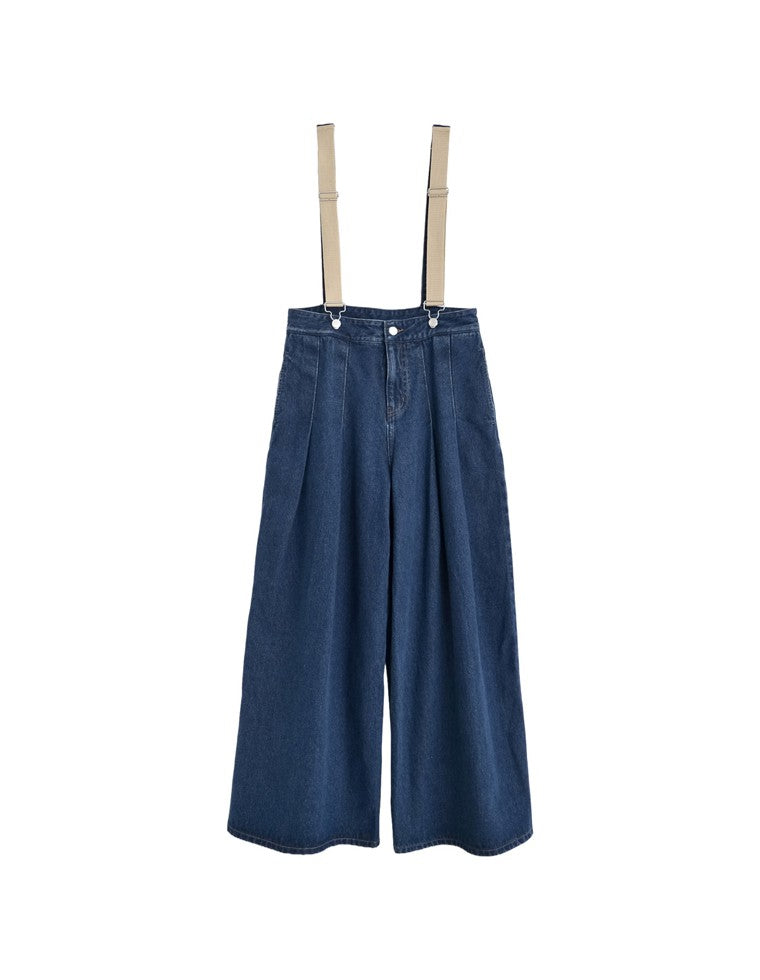 サスペンダー付きツータックワイドデニムパンツ