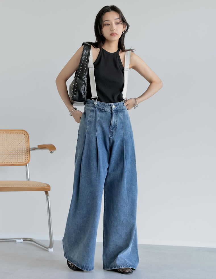 サスペンダー付きツータックワイドデニムパンツ