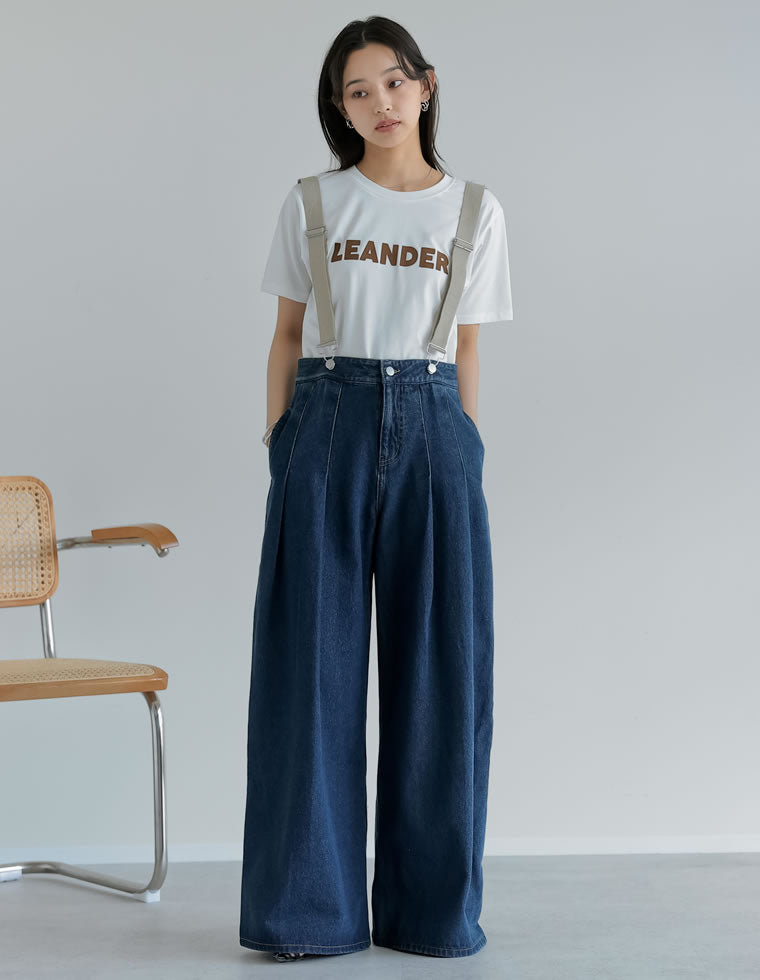 サスペンダー付きツータックワイドデニムパンツ