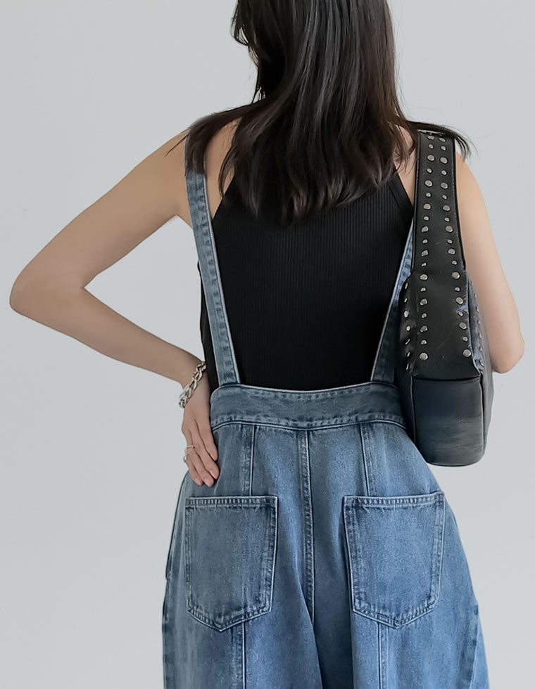 サスペンダー付きツータックワイドデニムパンツ