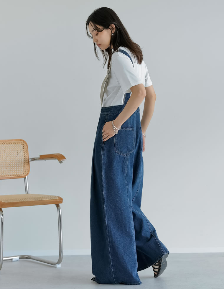 サスペンダー付きツータックワイドデニムパンツ
