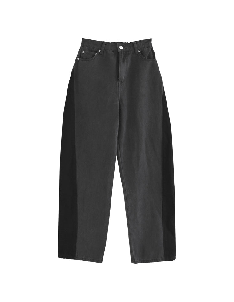コットンデニムサイド切り替えバレルレッグカーブパンツ