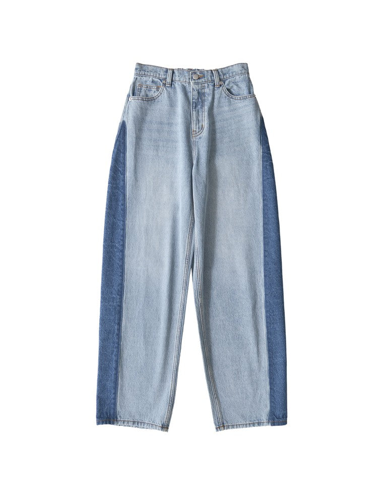 コットンデニムサイド切り替えバレルレッグカーブパンツ