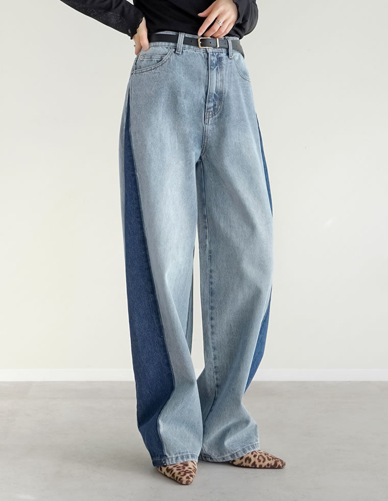 コットンデニムサイド切り替えバレルレッグカーブパンツ