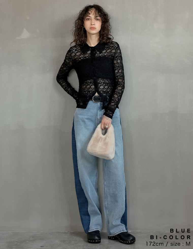 コットンデニムサイド切り替えバレルレッグカーブパンツ