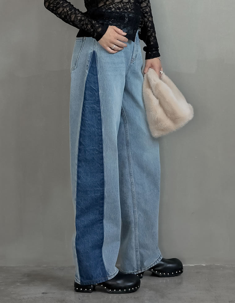 コットンデニムサイド切り替えバレルレッグカーブパンツ