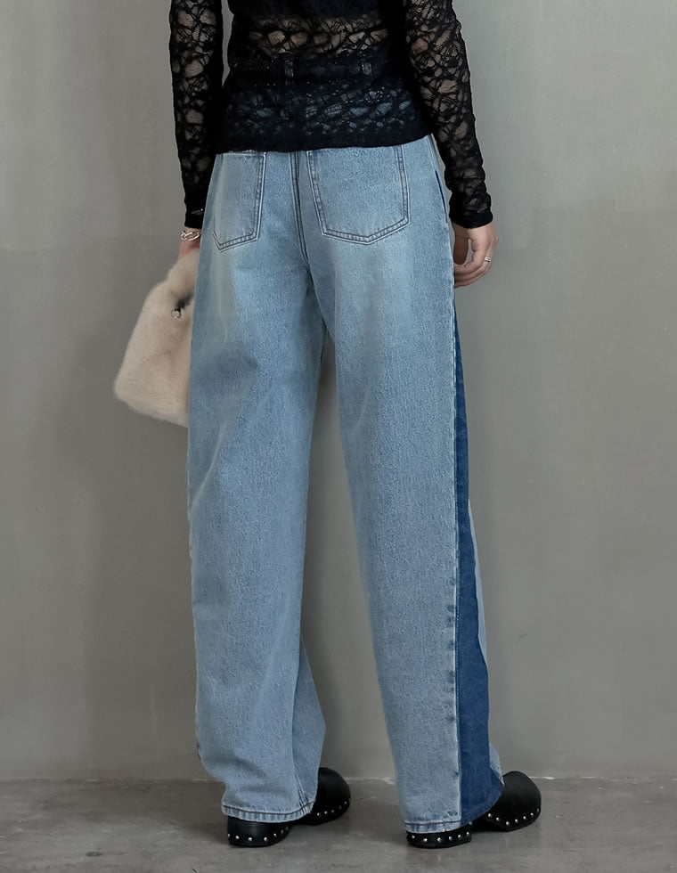 コットンデニムサイド切り替えバレルレッグカーブパンツ