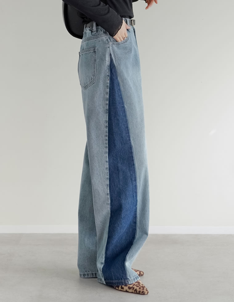 コットンデニムサイド切り替えバレルレッグカーブパンツ