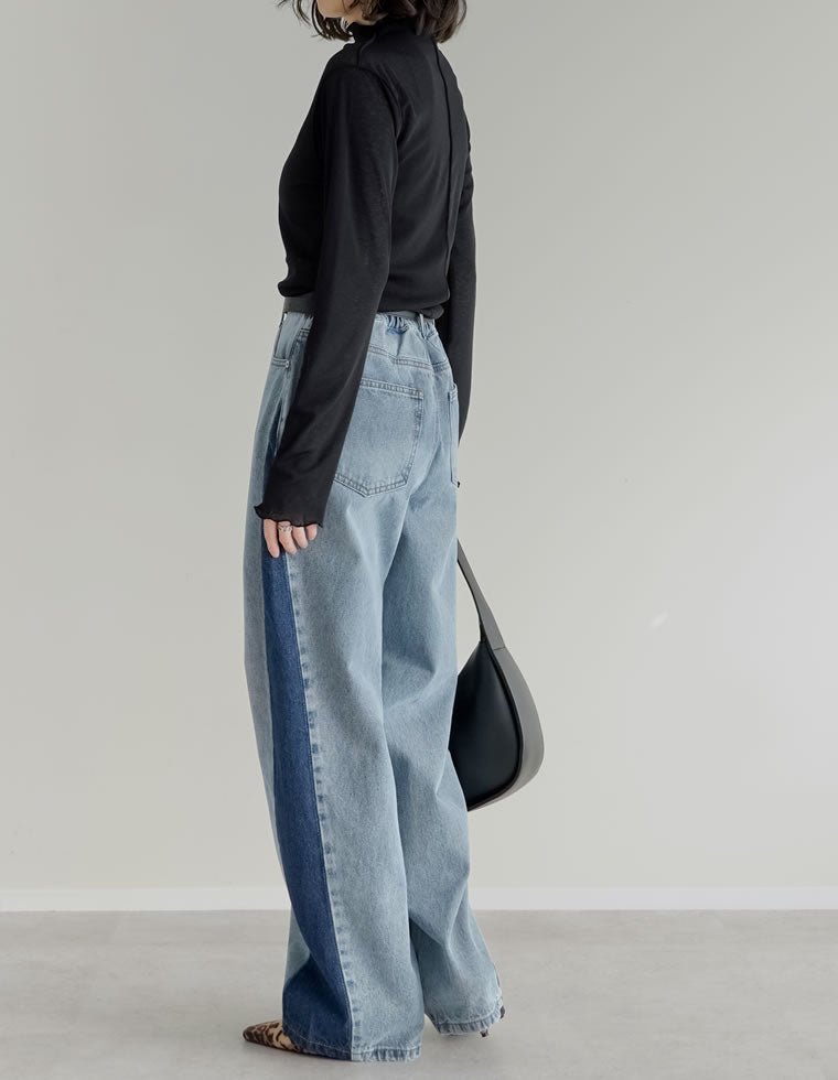 コットンデニムサイド切り替えバレルレッグカーブパンツ