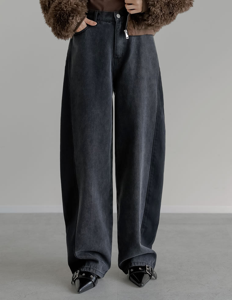 コットンデニムサイド切り替えバレルレッグカーブパンツ