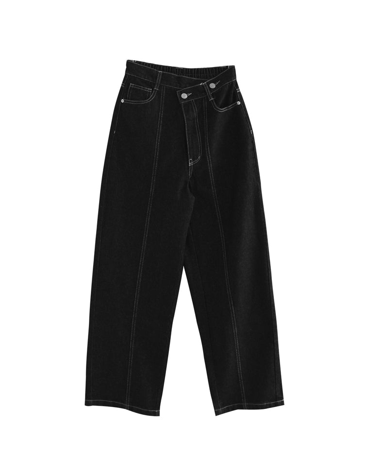 ウエストアシンメトリーストレートデニムパンツ