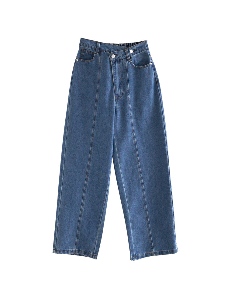 ウエストアシンメトリーストレートデニムパンツ