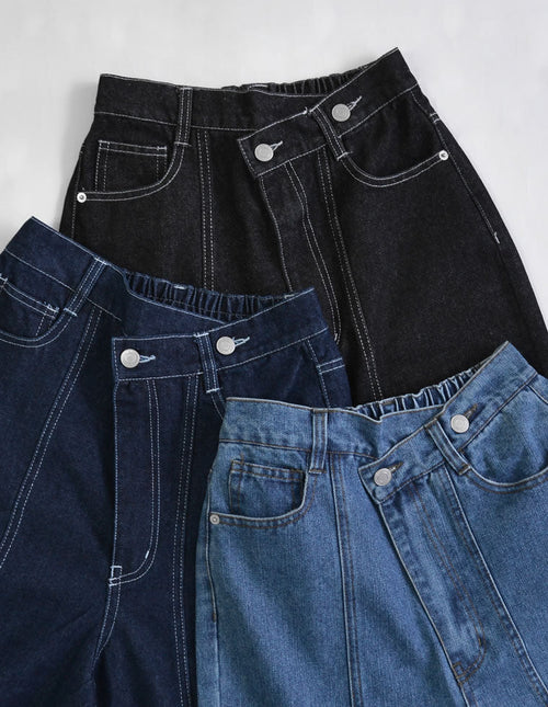 ウエストアシンメトリーストレートデニムパンツ