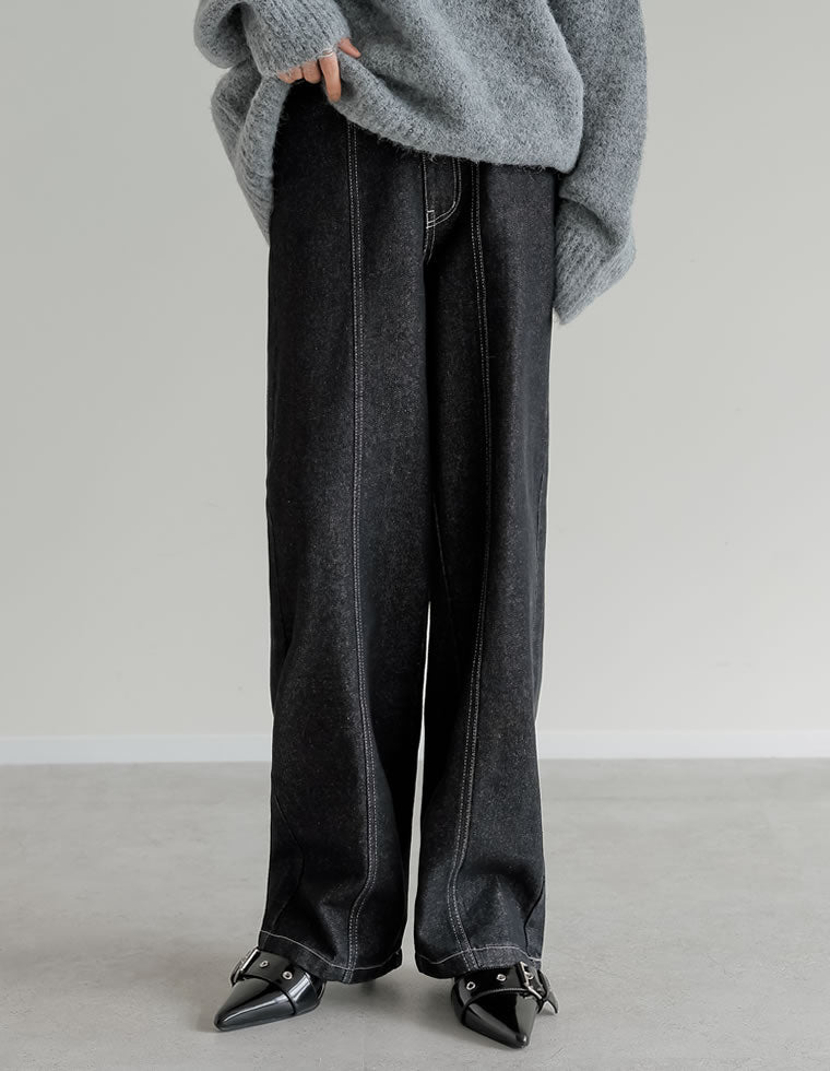 ウエストアシンメトリーストレートデニムパンツ