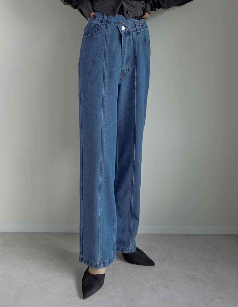 ウエストアシンメトリーストレートデニムパンツ