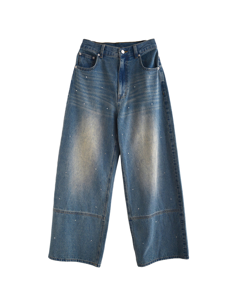 コットンデニムメタルストーン付きワイドストレートパンツ