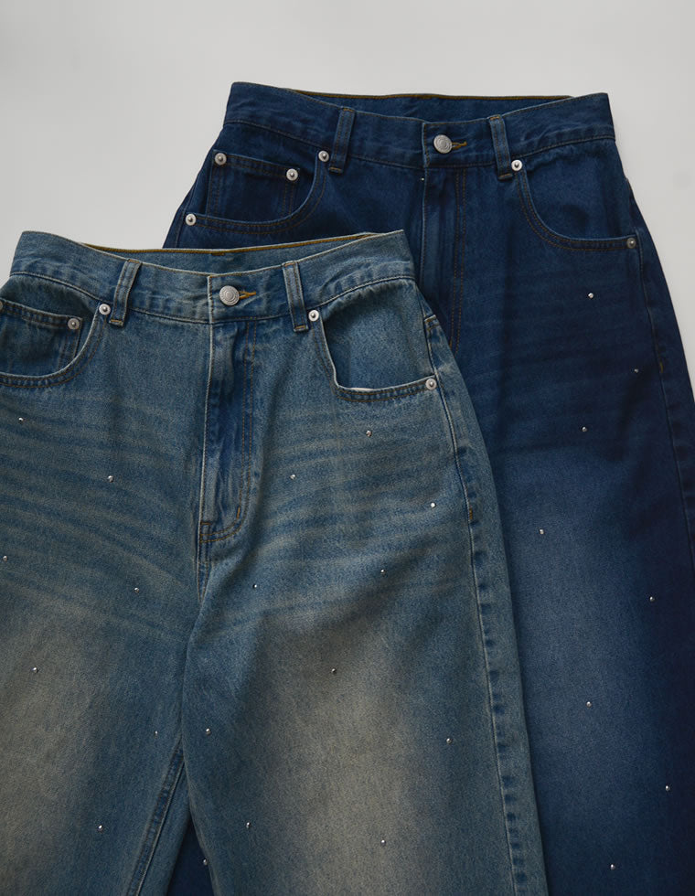 コットンデニムメタルストーン付きワイドストレートパンツ