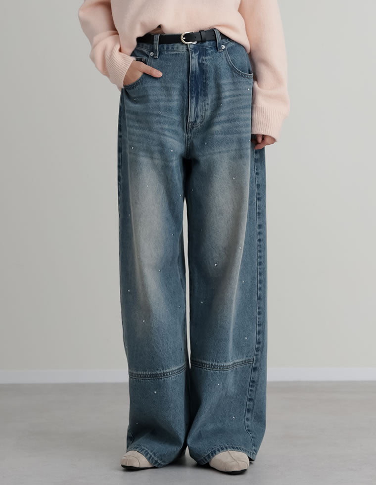 コットンデニムメタルストーン付きワイドストレートパンツ