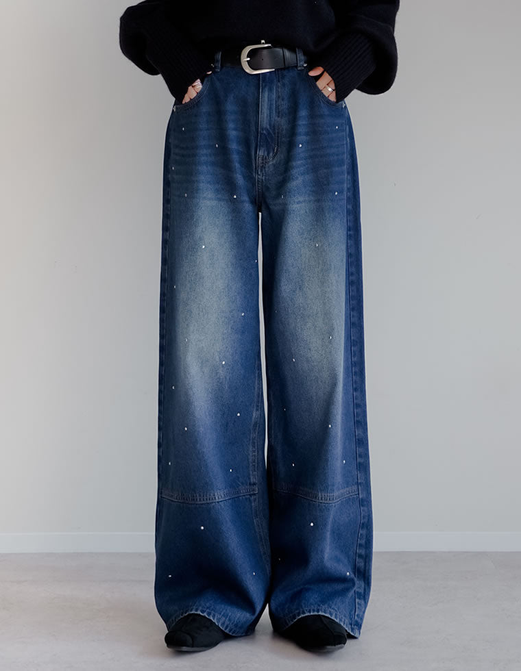 コットンデニムメタルストーン付きワイドストレートパンツ