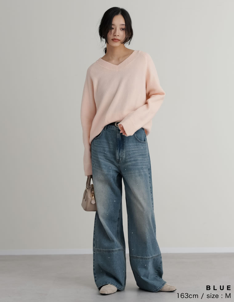 コットンデニムメタルストーン付きワイドストレートパンツ