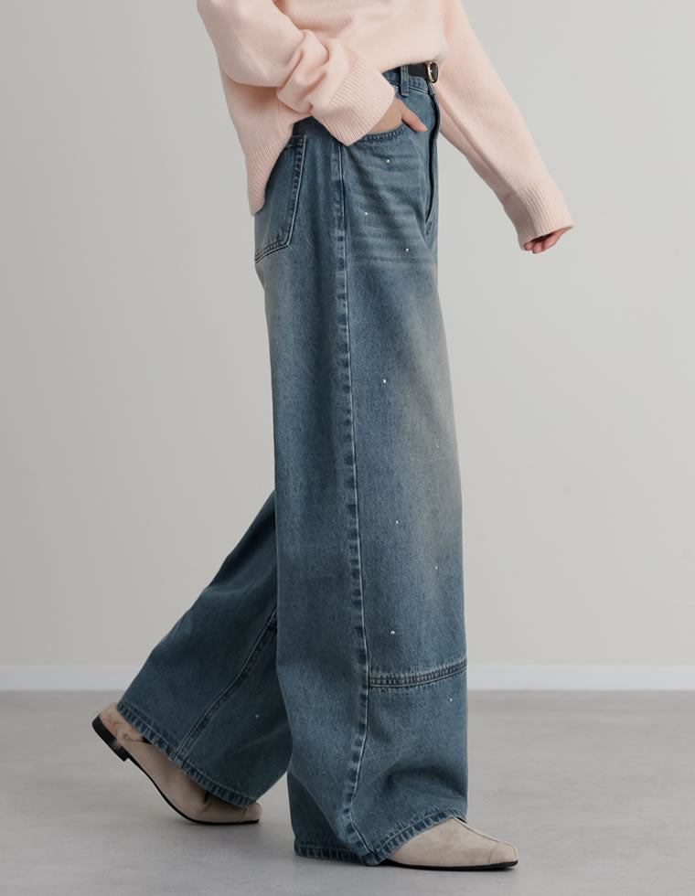 コットンデニムメタルストーン付きワイドストレートパンツ