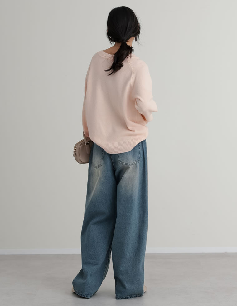 コットンデニムメタルストーン付きワイドストレートパンツ