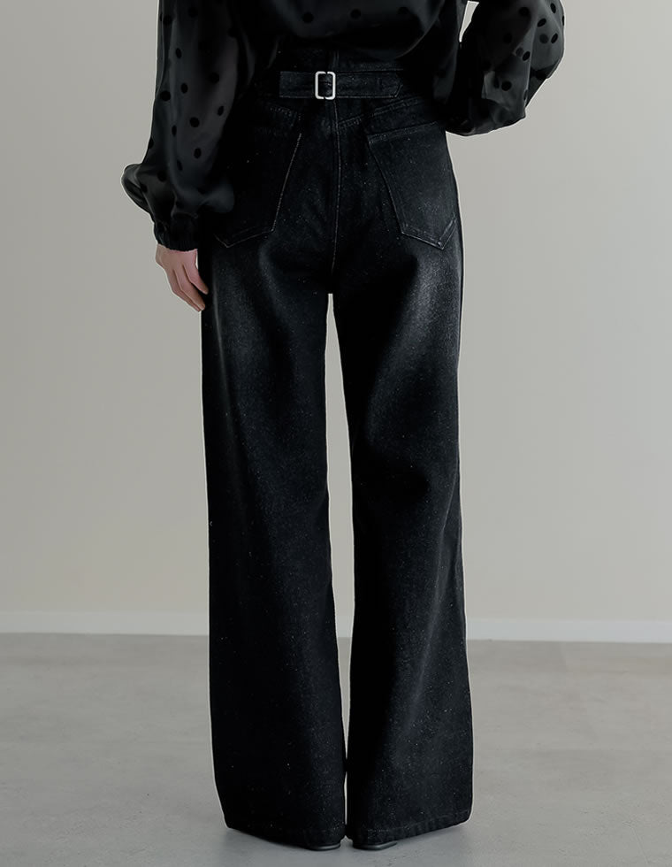 コットンデニムバックルデザインパンツ