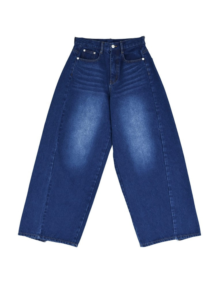 サイドフリンジ切り替えアシンメトリーワイドデニムパンツ