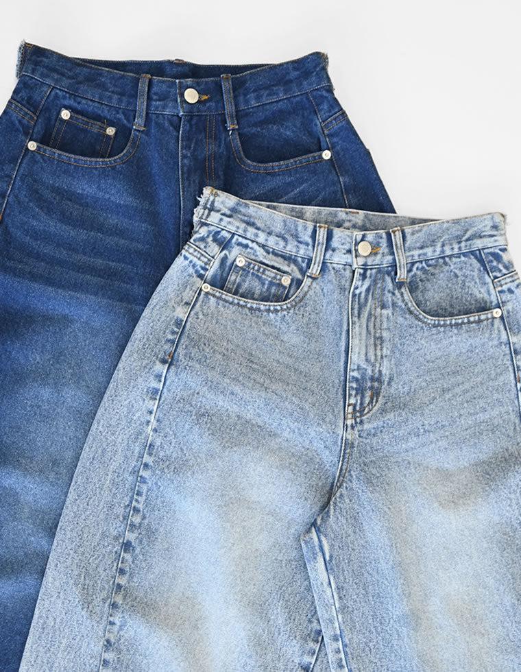 サイドフリンジ切り替えアシンメトリーワイドデニムパンツ