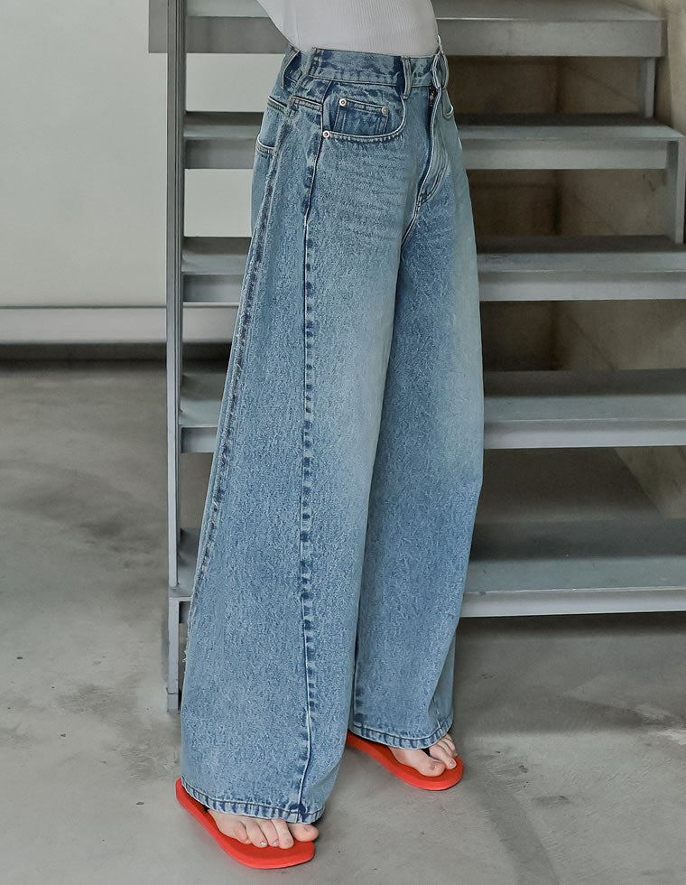 サイドフリンジ切り替えアシンメトリーワイドデニムパンツ