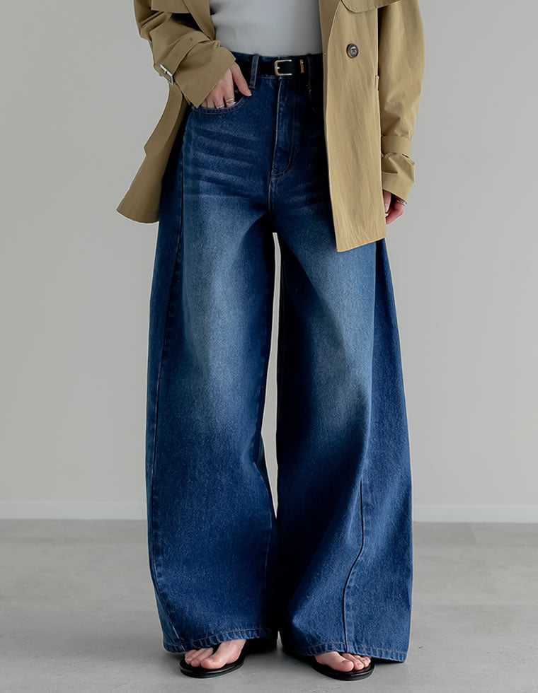 サイドフリンジ切り替えアシンメトリーワイドデニムパンツ