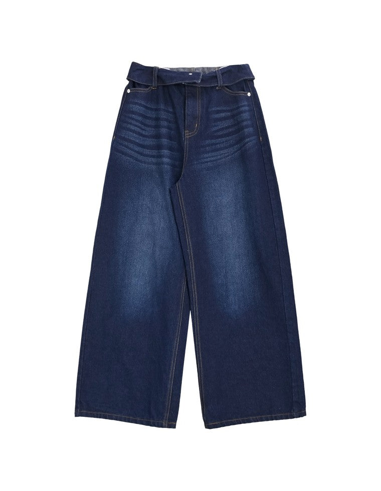 折り返しウエストワイドデニムパンツ